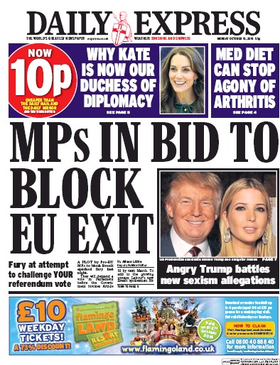 Daily Express Newspaper Front Page (UK) for 10 October 2016