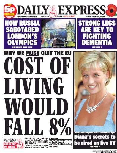 Daily Express Newspaper Front Page (UK) for 10 November 2015
