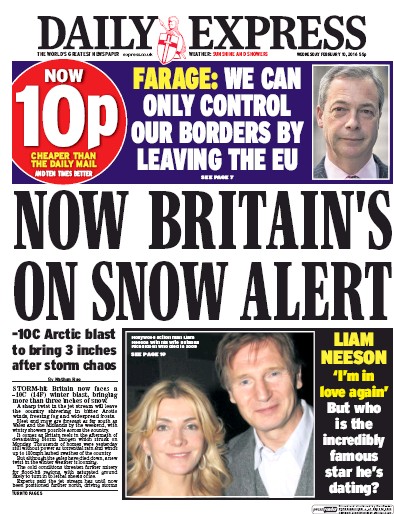 Daily Express Newspaper Front Page (UK) for 10 February 2016