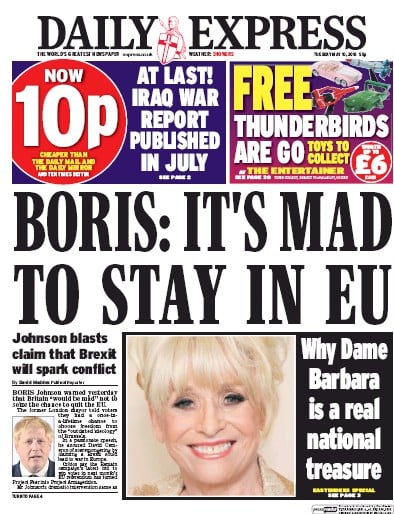 Daily Express Newspaper Front Page (UK) for 10 May 2016