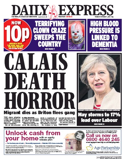 Daily Express Newspaper Front Page (UK) for 11 October 2016