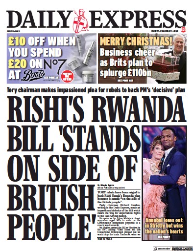 Daily Express Newspaper Front Page (UK) for 11 December 2023