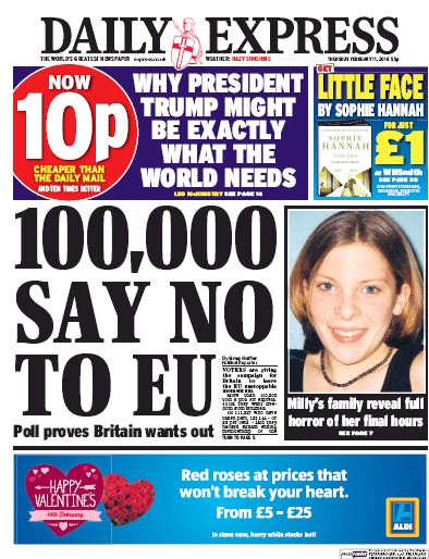 Daily Express Newspaper Front Page (UK) for 11 February 2016