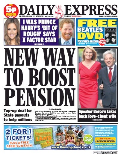 Daily Express Newspaper Front Page (UK) for 12 October 2015