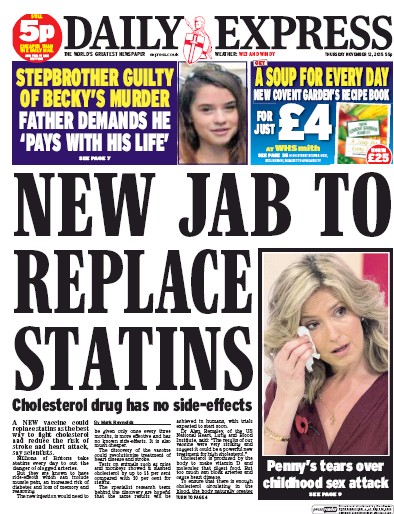 Daily Express Newspaper Front Page (UK) for 12 November 2015