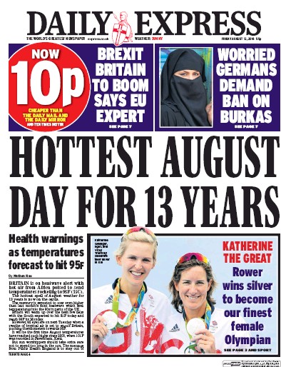 Daily Express Newspaper Front Page (UK) for 12 August 2016