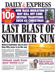 Daily Express (UK) Newspaper Front Page for 12 September 2016