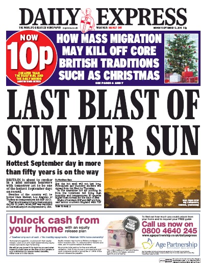 Daily Express Newspaper Front Page (UK) for 12 September 2016
