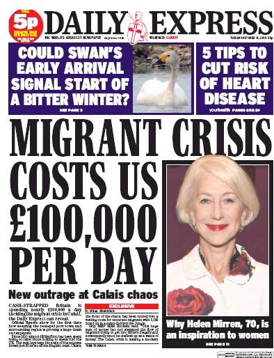 Daily Express Newspaper Front Page (UK) for 13 October 2015