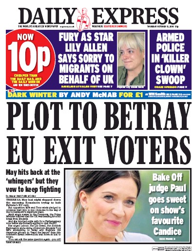 Daily Express Newspaper Front Page (UK) for 13 October 2016
