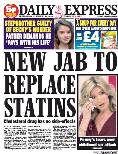 Daily Express Newspaper Front Page (UK) for 13 November 2015