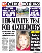 Daily Express (UK) Newspaper Front Page for 13 January 2014