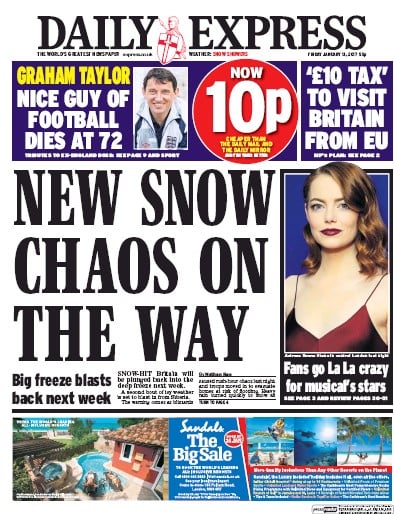 Daily Express Newspaper Front Page (UK) for 13 January 2017