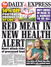 Daily Express (UK) Newspaper Front Page for 13 June 2014