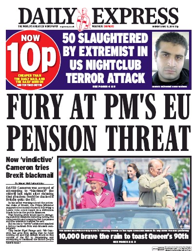 Daily Express Newspaper Front Page (UK) for 13 June 2016