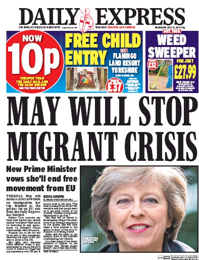 Daily Express Newspaper Front Page (UK) for 13 July 2016