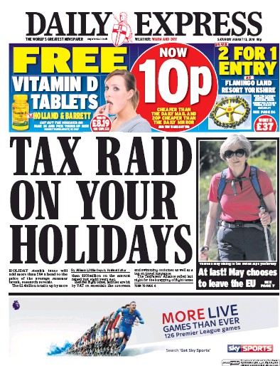 Daily Express Newspaper Front Page (UK) for 13 August 2016