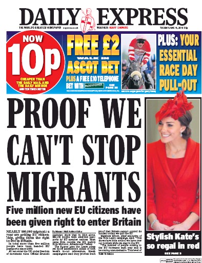 Daily Express Newspaper Front Page (UK) for 14 June 2016