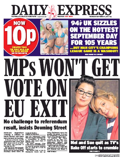Daily Express Newspaper Front Page (UK) for 14 September 2016