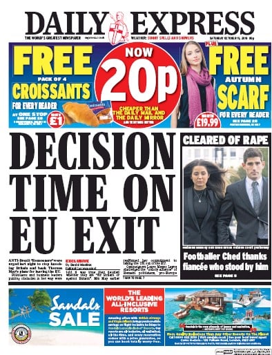 Daily Express Newspaper Front Page (UK) for 15 October 2016