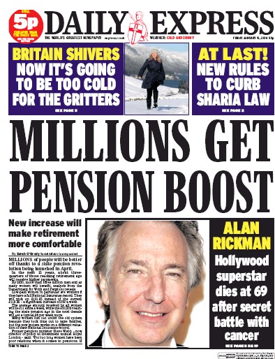 Daily Express Newspaper Front Page (UK) for 15 January 2016