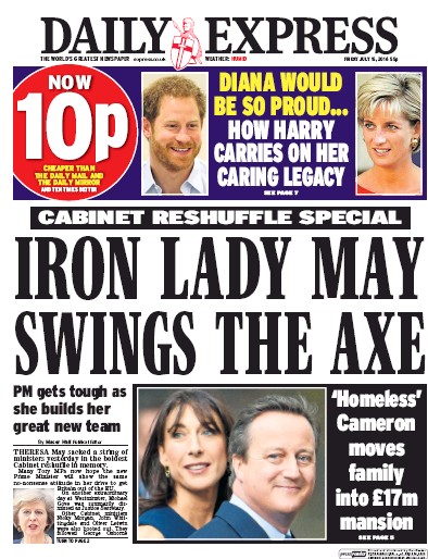 Daily Express Newspaper Front Page (UK) for 15 July 2016