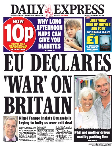 Daily Express Newspaper Front Page (UK) for 15 September 2016
