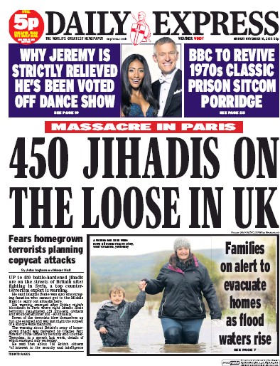 Daily Express Newspaper Front Page (UK) for 16 November 2015