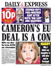 Daily Express (UK) Newspaper Front Page for 16 February 2016
