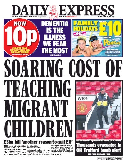 Daily Express Newspaper Front Page (UK) for 16 May 2016