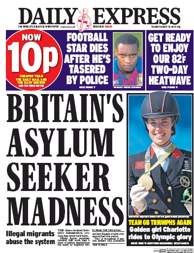 Daily Express Newspaper Front Page (UK) for 16 August 2016