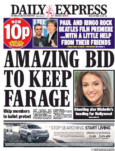 Daily Express Newspaper Front Page (UK) for 16 September 2016