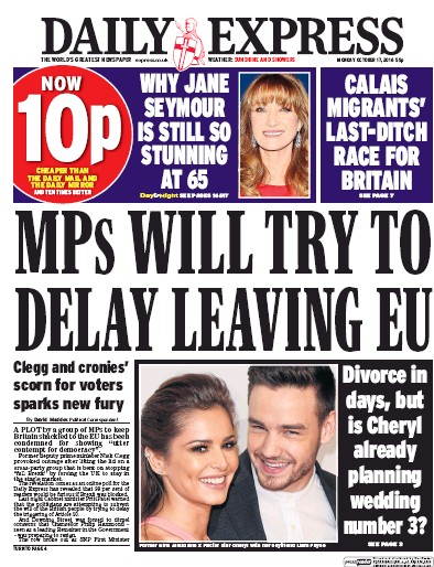 Daily Express Newspaper Front Page (UK) for 17 October 2016