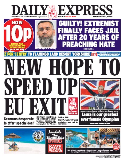 Daily Express Newspaper Front Page (UK) for 17 August 2016