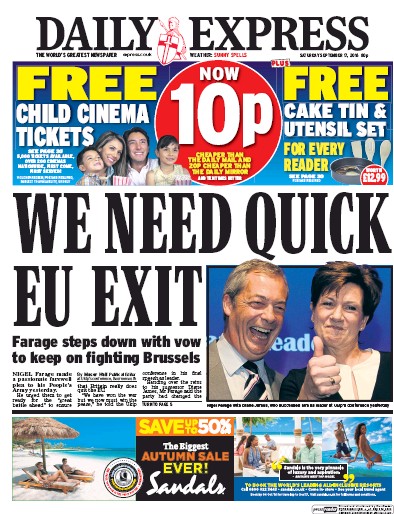 Daily Express Newspaper Front Page (UK) for 17 September 2016
