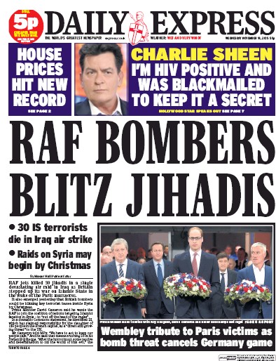 Daily Express Newspaper Front Page (UK) for 18 November 2015