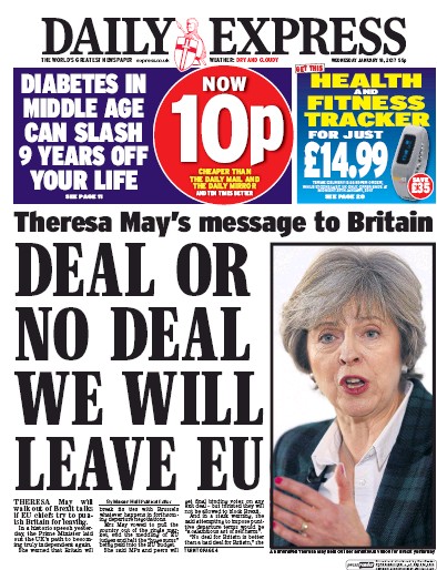 Daily Express Newspaper Front Page (UK) for 18 January 2017