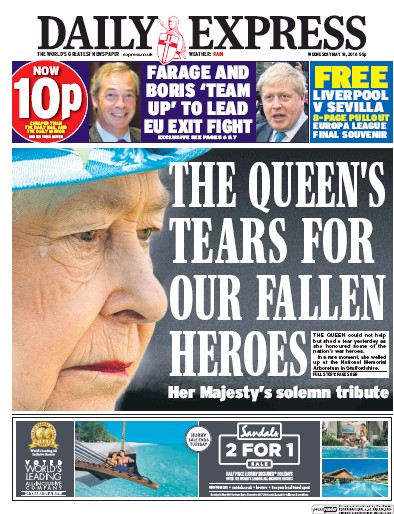 Daily Express Newspaper Front Page (UK) for 18 May 2016