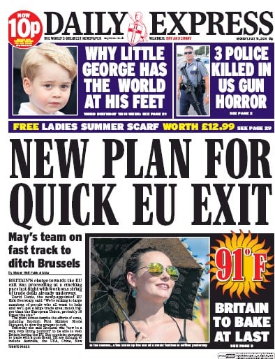 Daily Express Newspaper Front Page (UK) for 18 July 2016
