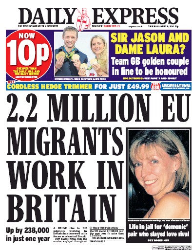 Daily Express Newspaper Front Page (UK) for 18 August 2016