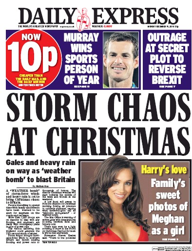 Daily Express Newspaper Front Page (UK) for 19 December 2016