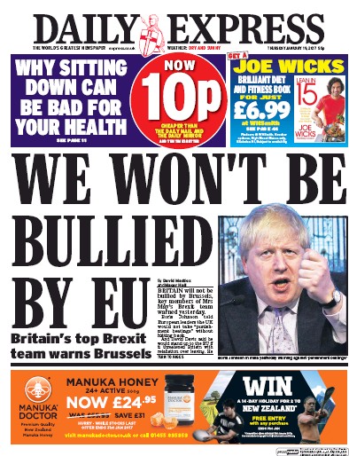 Daily Express Newspaper Front Page (UK) for 19 January 2017