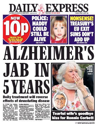 Daily Express Newspaper Front Page (UK) for 19 April 2016