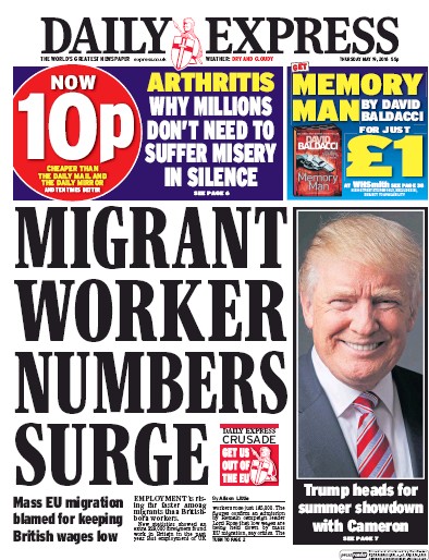Daily Express Newspaper Front Page (UK) for 19 May 2016