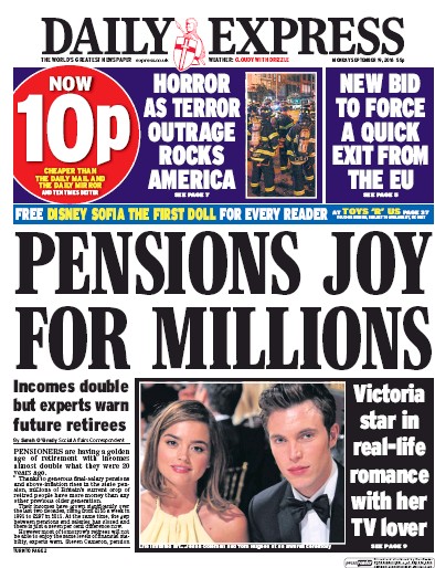 Daily Express Newspaper Front Page (UK) for 19 September 2016
