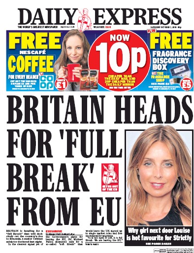 Daily Express Newspaper Front Page (UK) for 1 October 2016