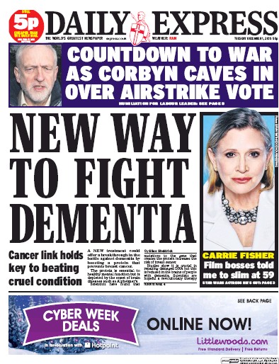 Daily Express Newspaper Front Page (UK) for 1 December 2015