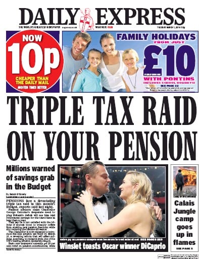 Daily Express Newspaper Front Page (UK) for 1 March 2016