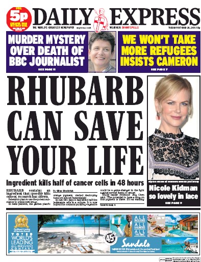 Daily Express Newspaper Front Page (UK) for 20 October 2015