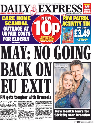 Daily Express Newspaper Front Page (UK) for 20 October 2016